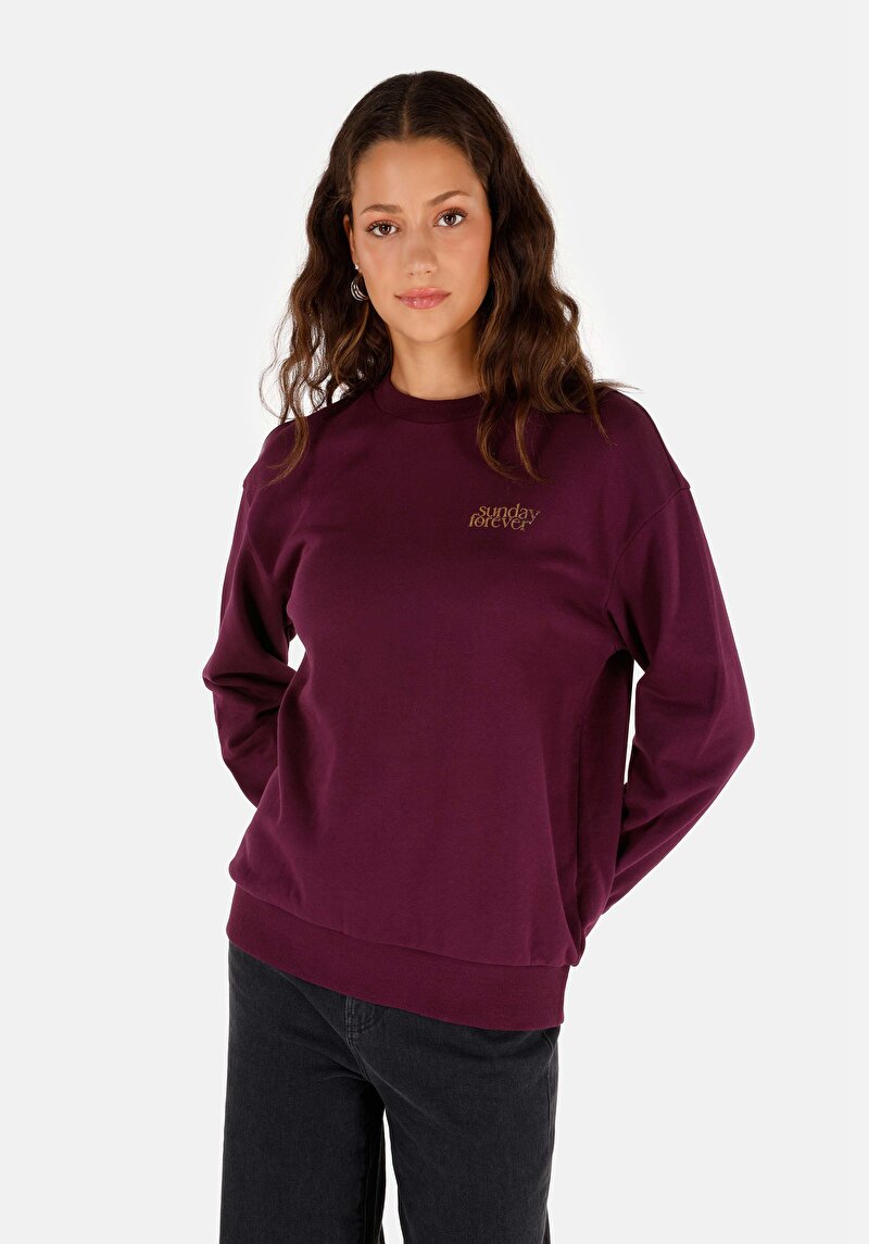 Regular Fit Yuvarlak Yaka Baskılı Kadın Mor Sweatshirt
