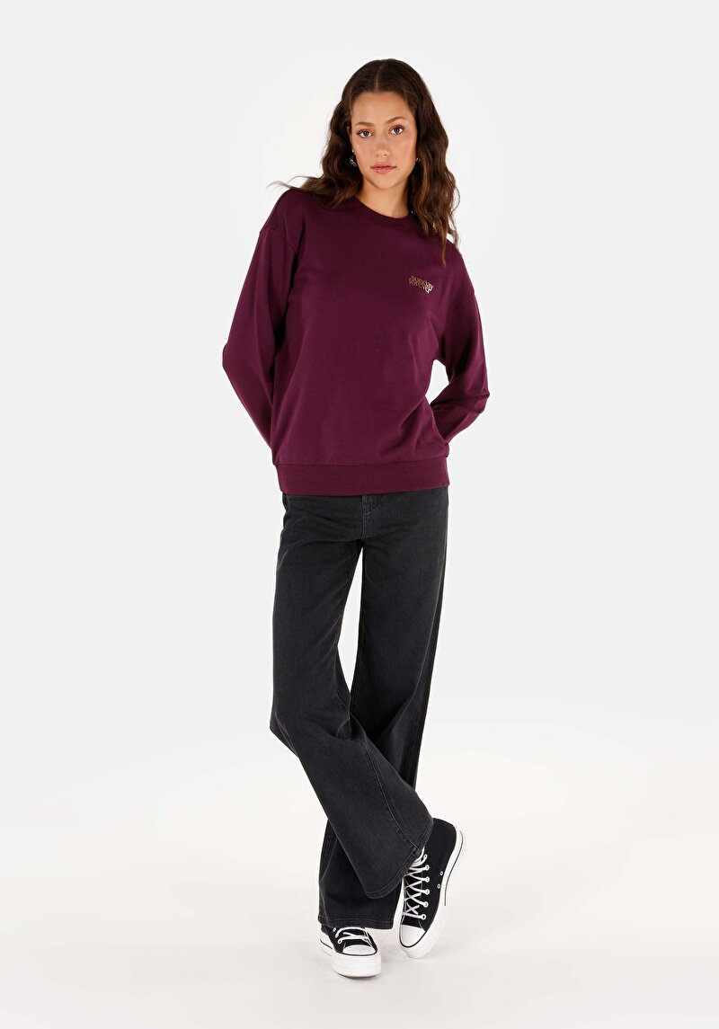 Regular Fit Yuvarlak Yaka Baskılı Kadın Mor Sweatshirt
