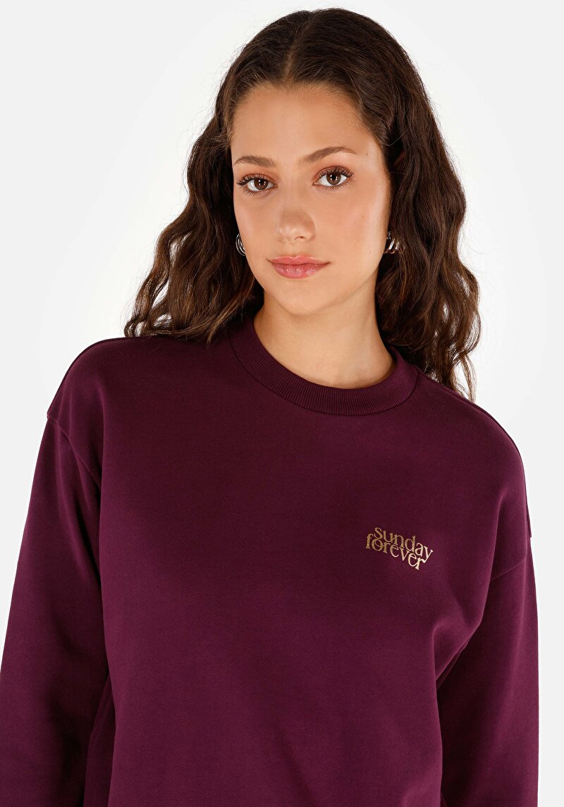 Regular Fit Yuvarlak Yaka Baskılı Kadın Mor Sweatshirt