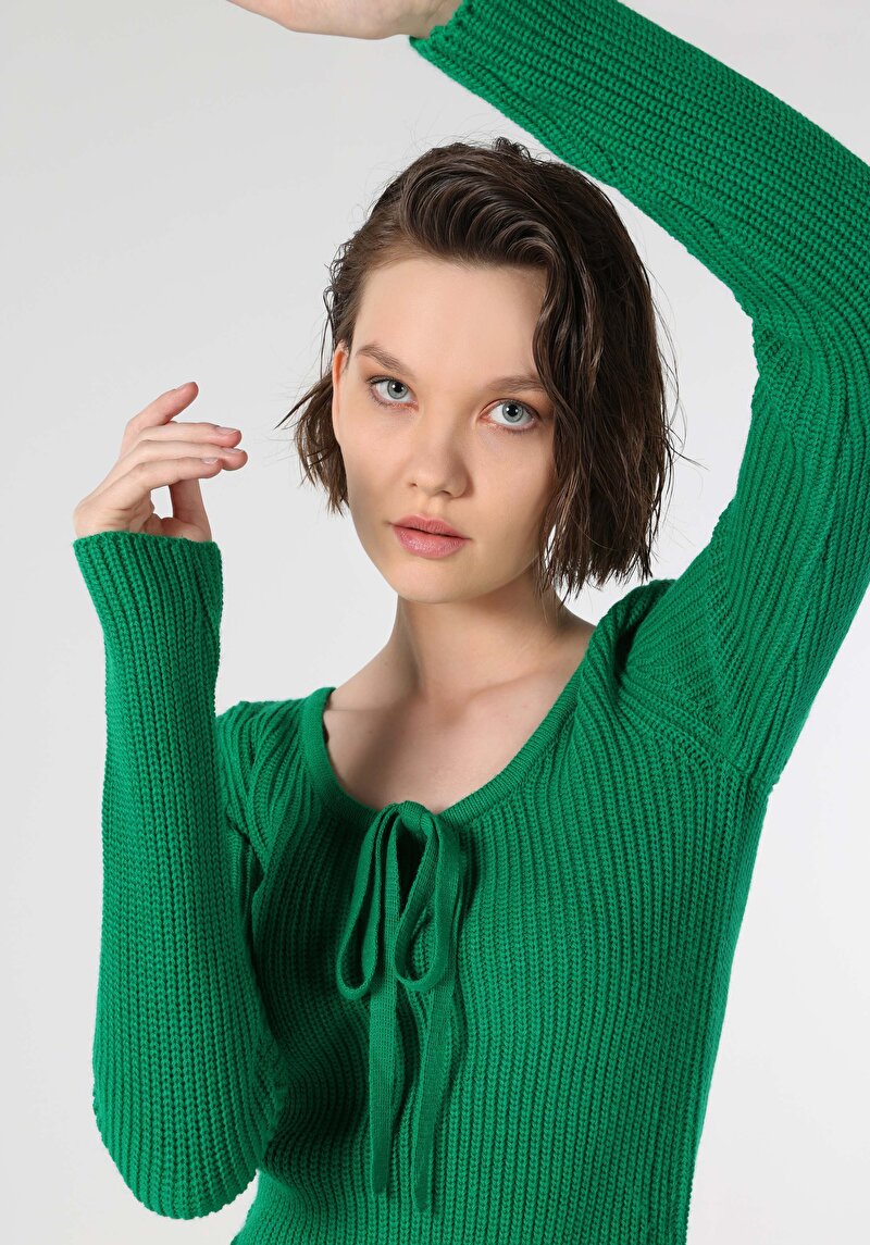 Regular Fit U Düz Kadın Yeşil Kazak