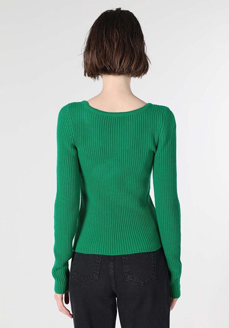 Regular Fit U Düz Kadın Yeşil Kazak