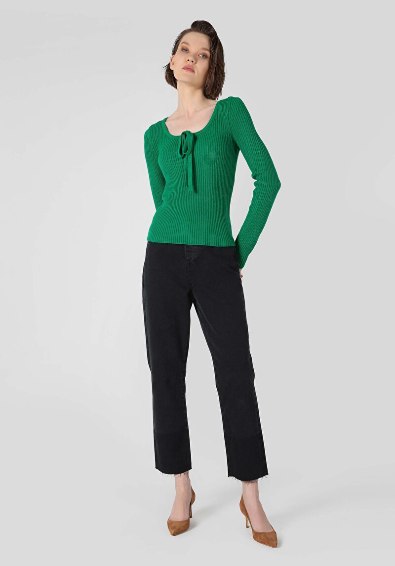 Regular Fit U Düz Kadın Yeşil Kazak