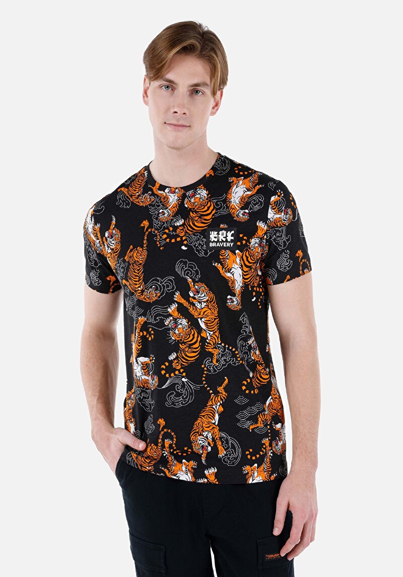 Regular Fit Yuvarlak Yaka Pamuklu Baskılı Erkek Siyah Kısa Kol Tişört