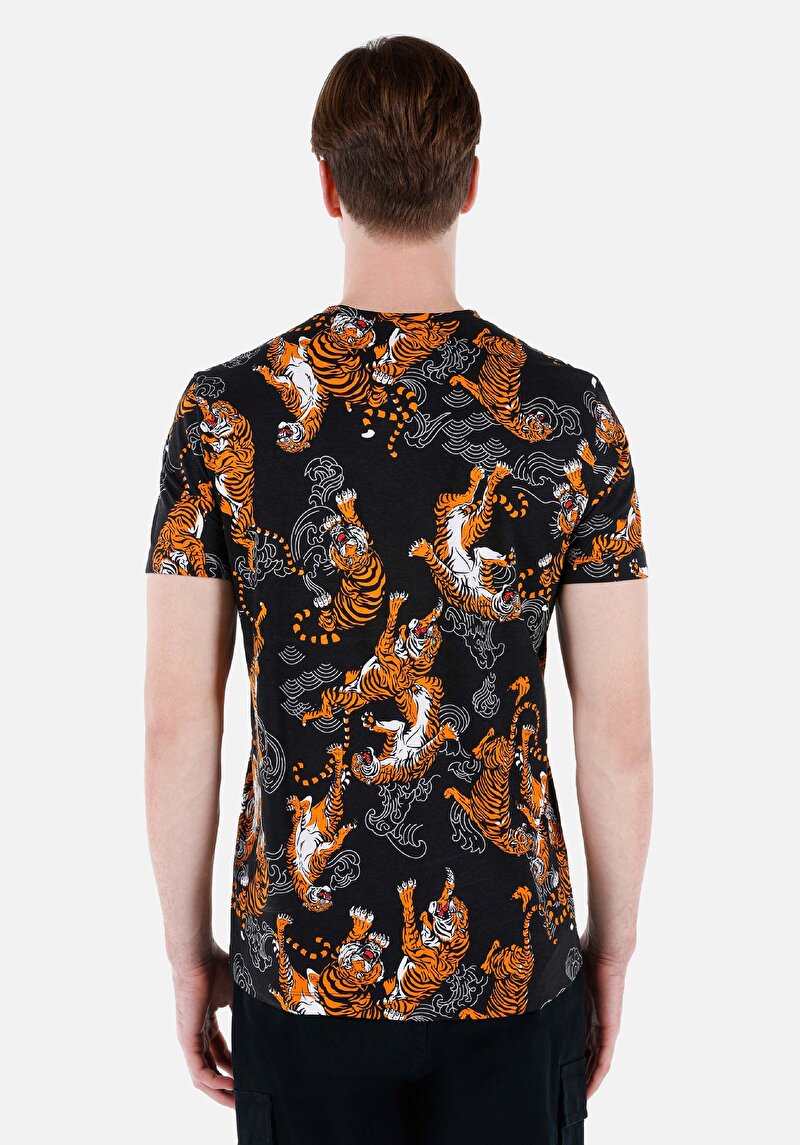 Regular Fit Yuvarlak Yaka Pamuklu Baskılı Erkek Siyah Kısa Kol Tişört