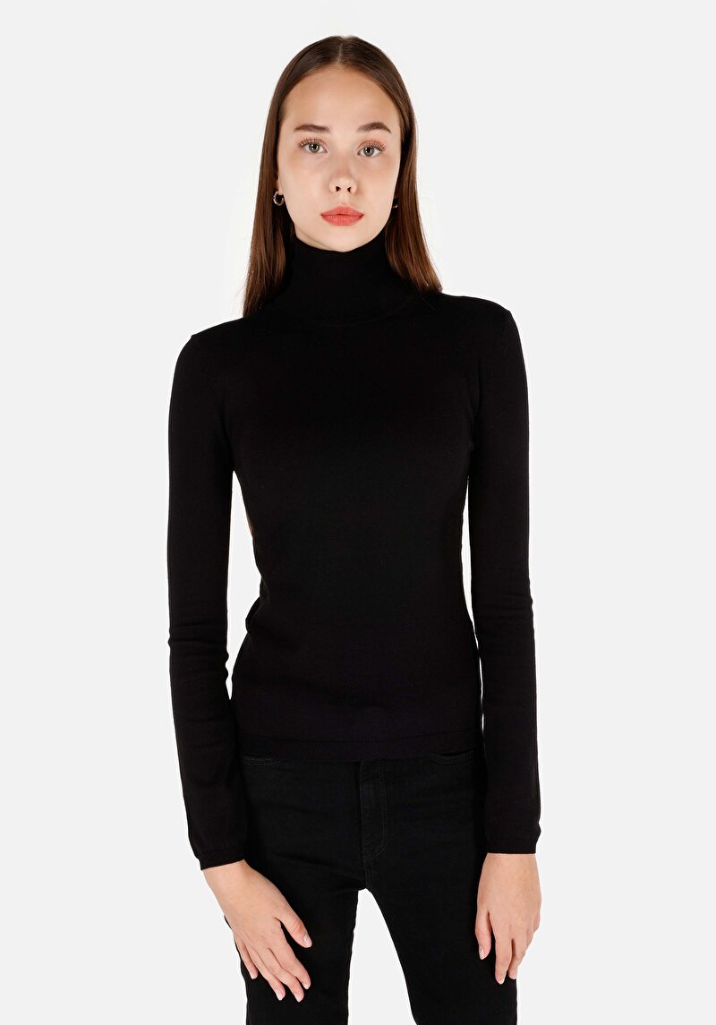 Slim Fit Balıkçı Yaka Kadın Viskoz Karışımlı Siyah Kazak
