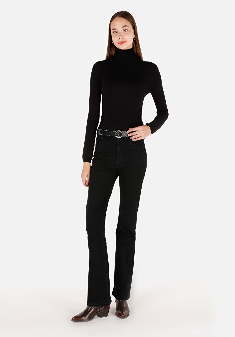 Slim Fit Balıkçı Yaka Kadın Viskoz Karışımlı Siyah Kazak