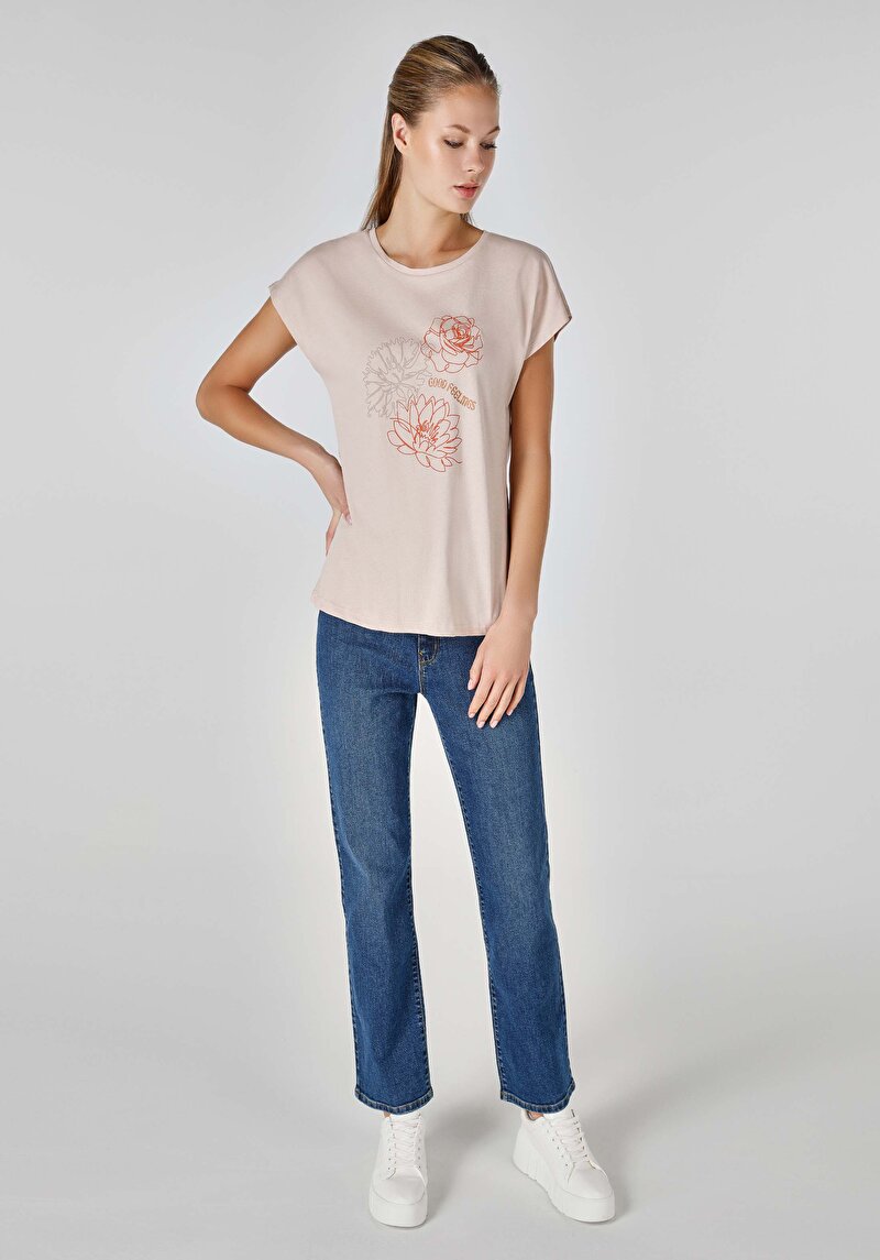 Regular Fit Yuvarlak Yaka  Kadın Bej Kısa Kol Tişört Cl1063241