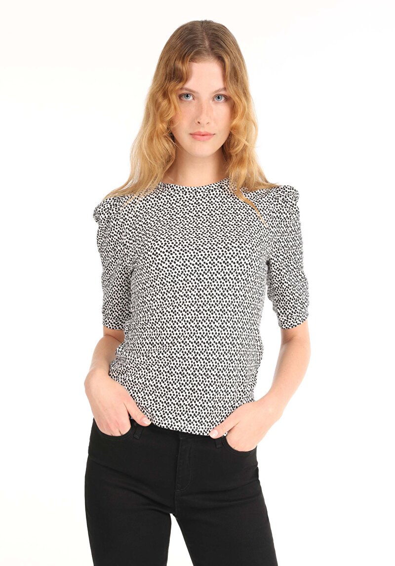 Regular Fit Yuvarlak Yaka Baskılı Kadın Beyaz Kısa Kol Tişört