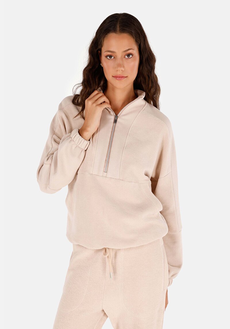 Regular Fit Fermuarlı  Kadın Bej Sweatshirt