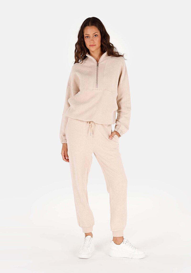 Regular Fit Fermuarlı Kadın Bej Sweatshirt