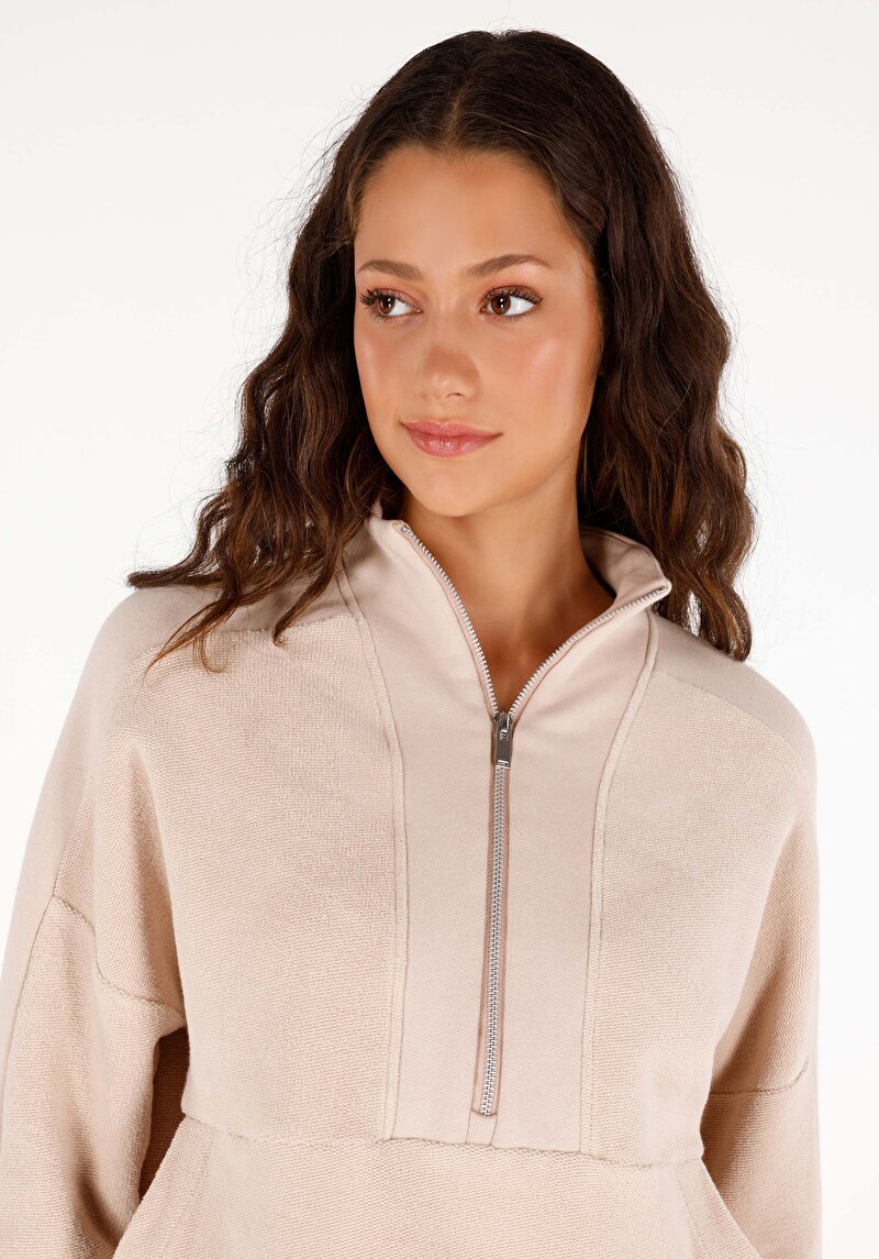 Regular Fit Fermuarlı Kadın Bej Sweatshirt