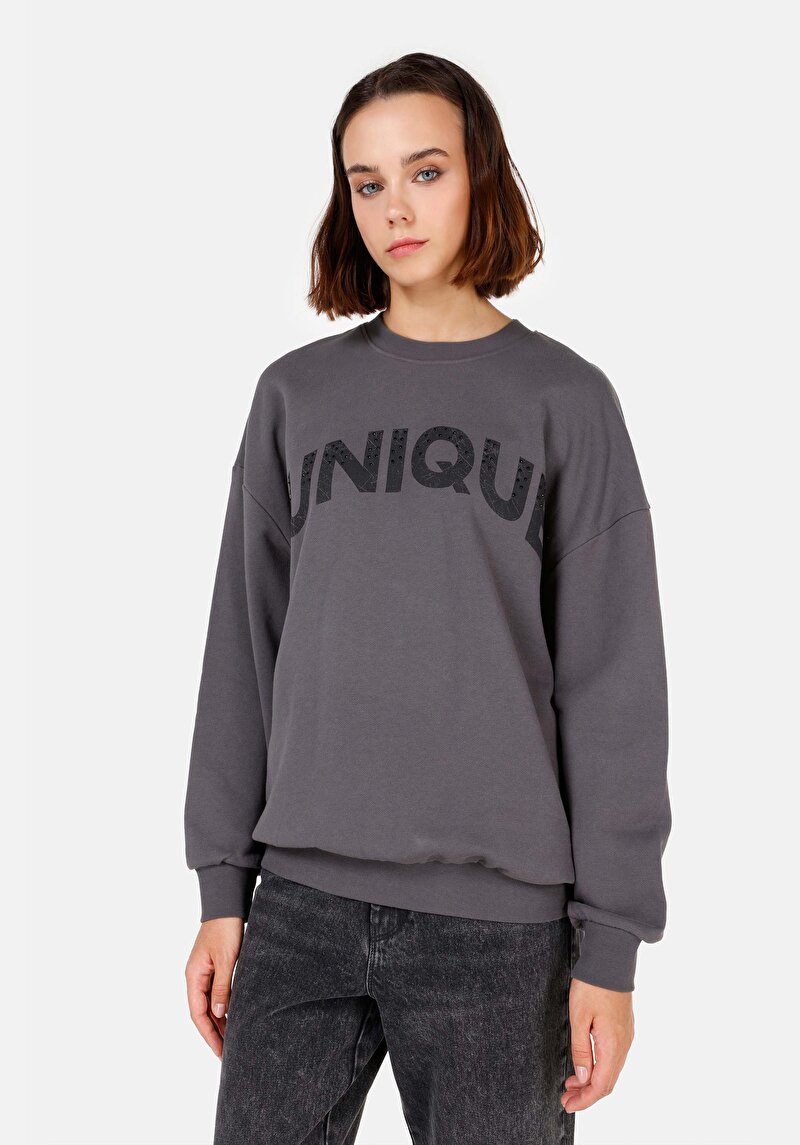 Comfort Fit Yuvarlak Yaka  Kadın Antrasit Sweatshirt