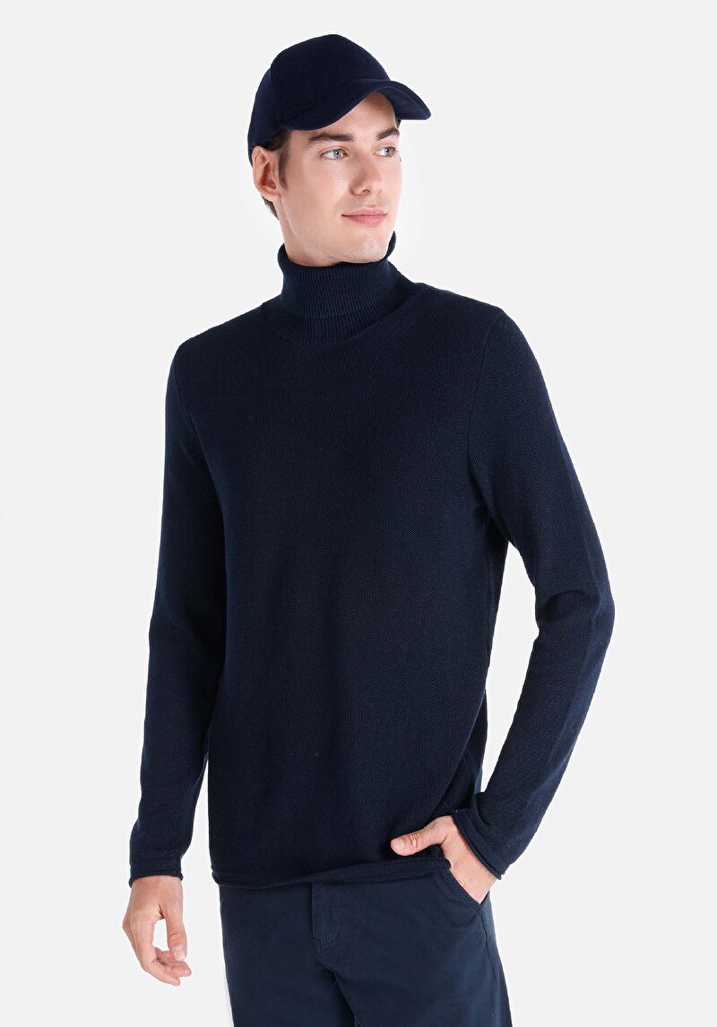 Regular Fit Turtle Neck Jakarlı Erkek Lacivert Kazak