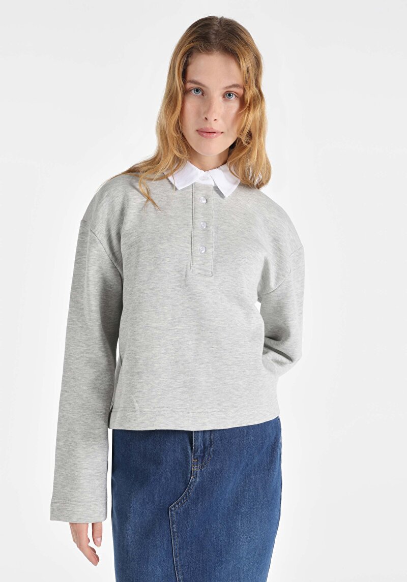 Regular Fit Shirt Neck Düz Kadın Gri Uzun Kol Tişört