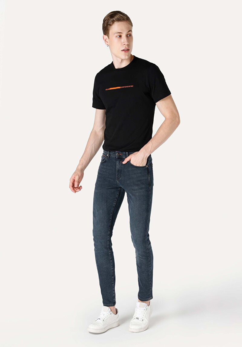 Slim Fit Düşük Bel Dar Paça Erkek Koyu İndigo Jean Pantolon