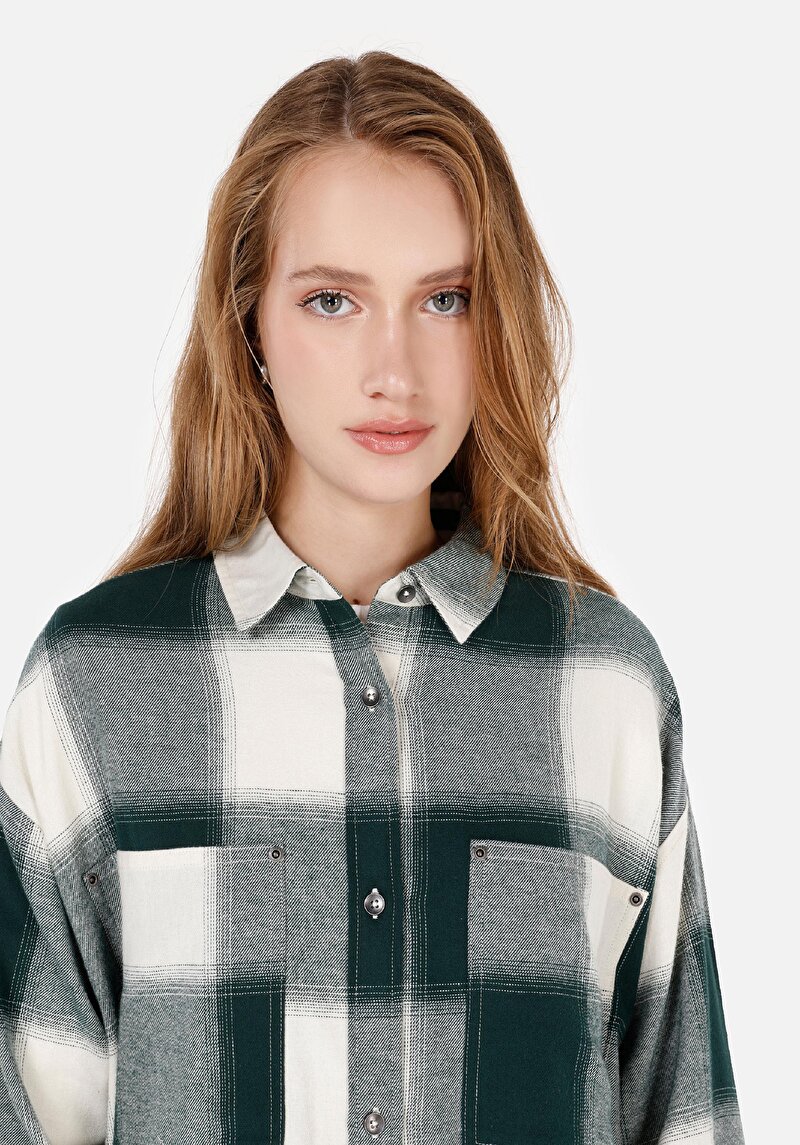 Relax Fit Shirt Neck  Kadın Yeşil Uzun Kol Gömlek