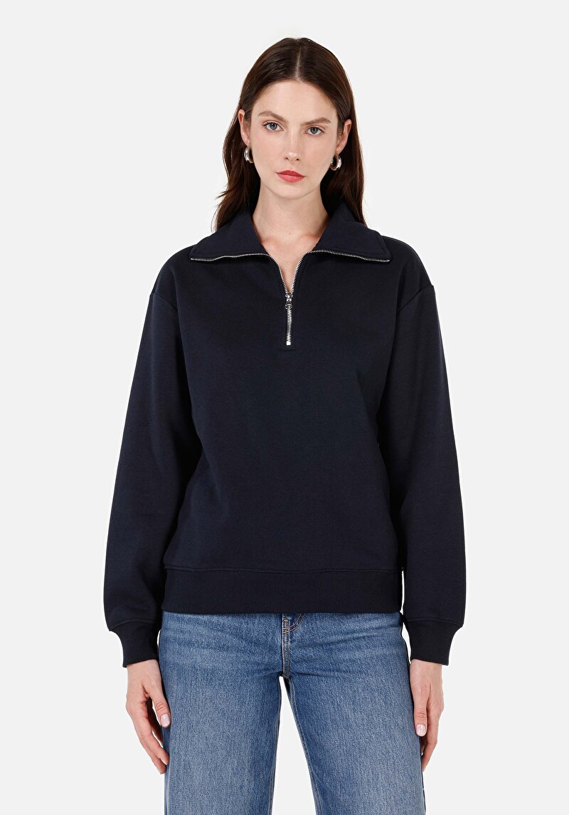 Regular Fit Fermuarlı Nakışlı Kadın Lacivert Sweatshirt