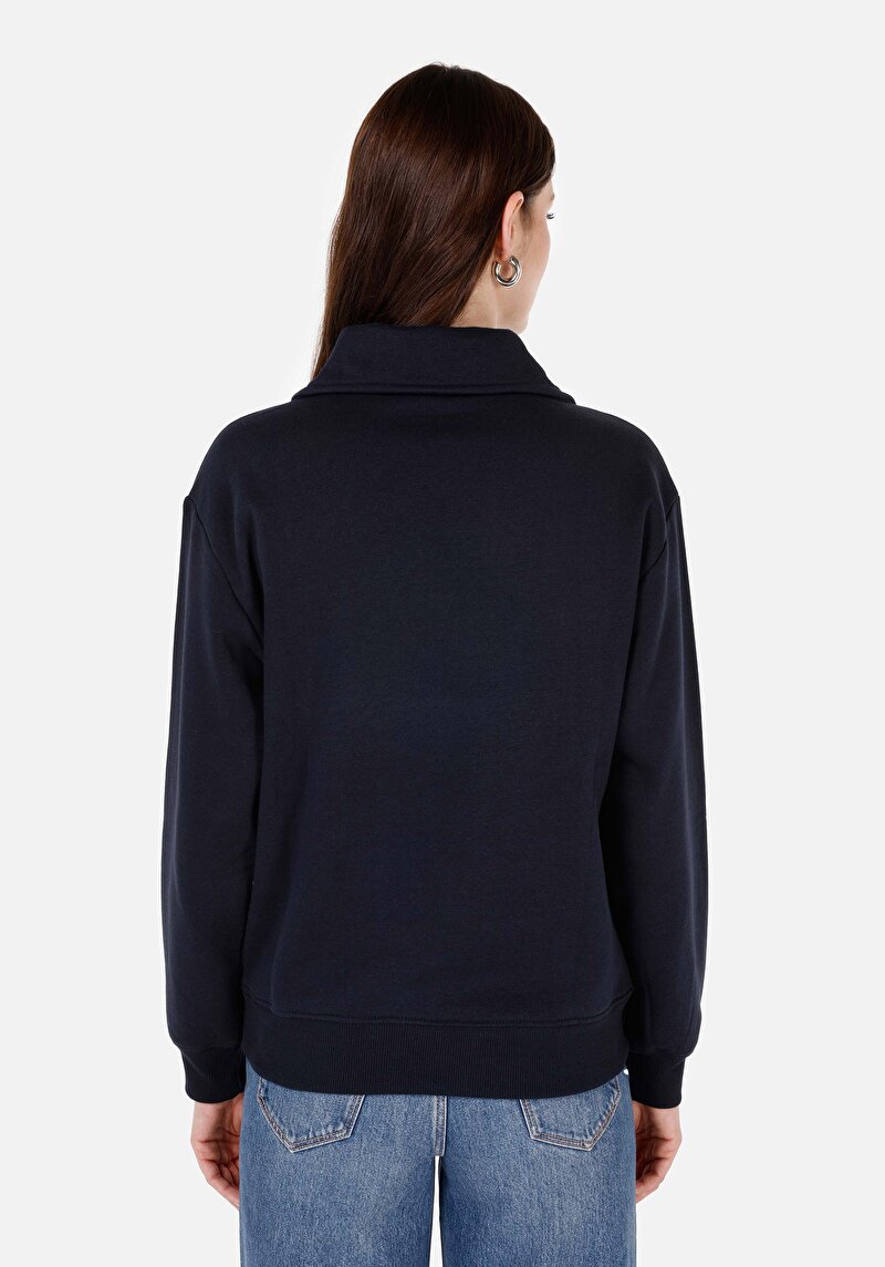 Regular Fit Fermuarlı Nakışlı Kadın Lacivert Sweatshirt