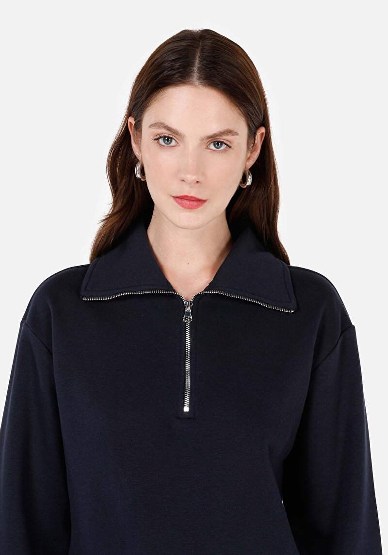 Regular Fit Fermuarlı Nakışlı Kadın Lacivert Sweatshirt