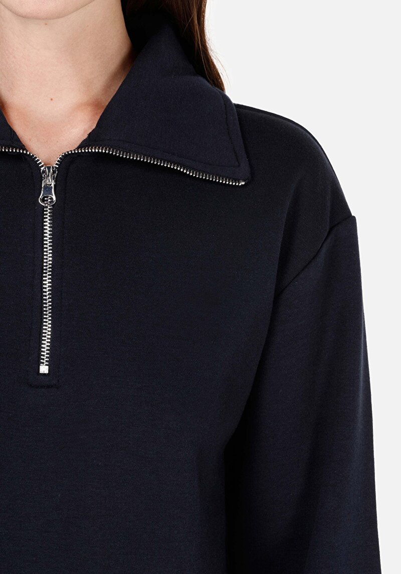 Regular Fit Fermuarlı Nakışlı Kadın Lacivert Sweatshirt
