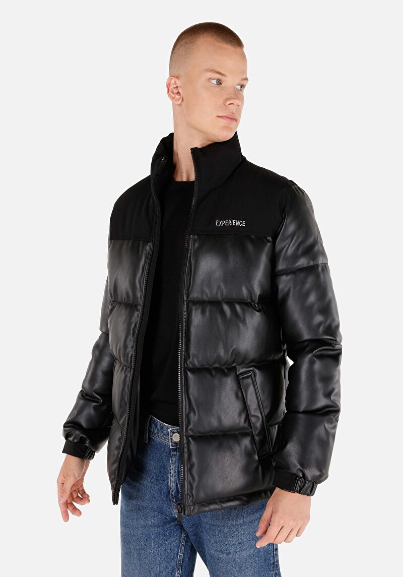 Slim Fit Fermuarlı Erkek Siyah Mont Pu