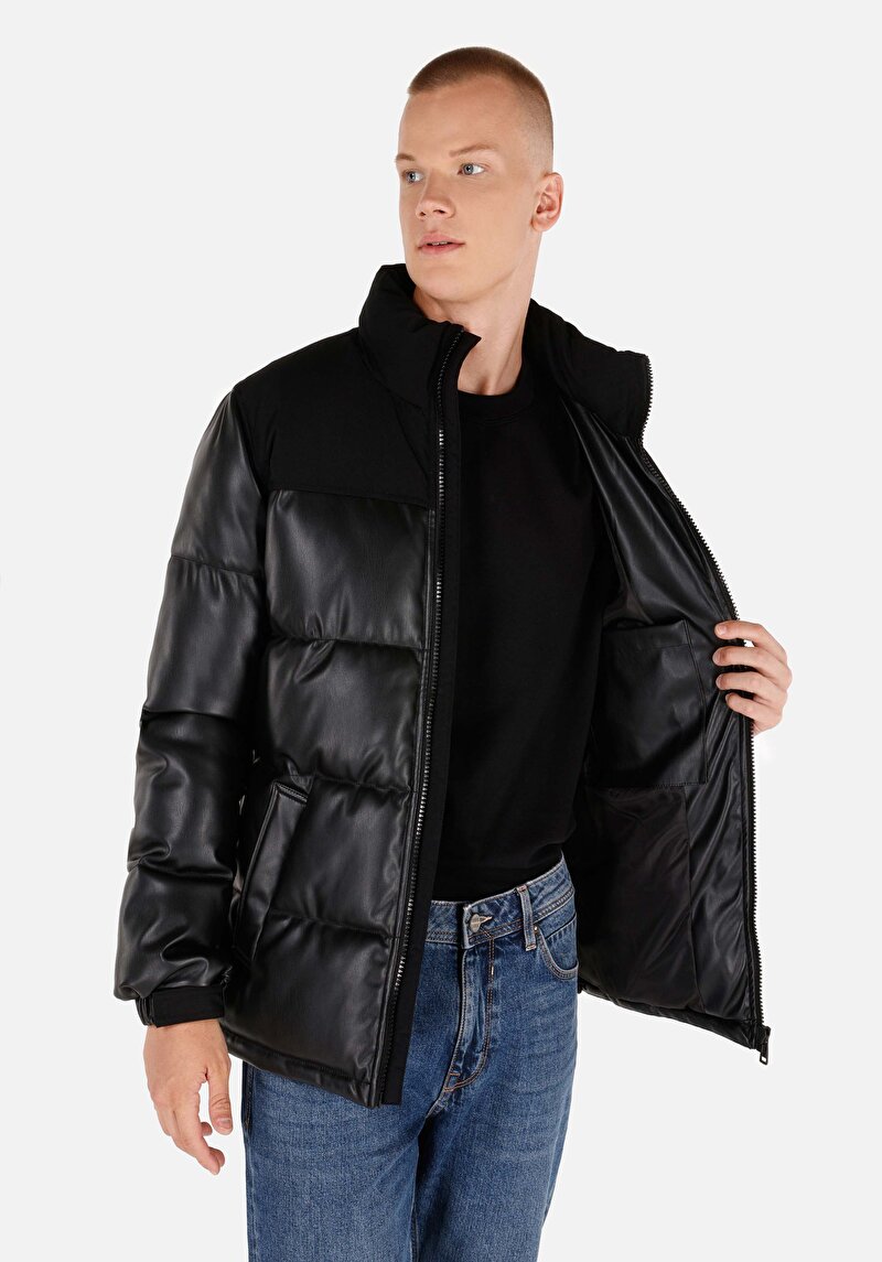 Slim Fit Fermuarlı Erkek Siyah Mont Pu