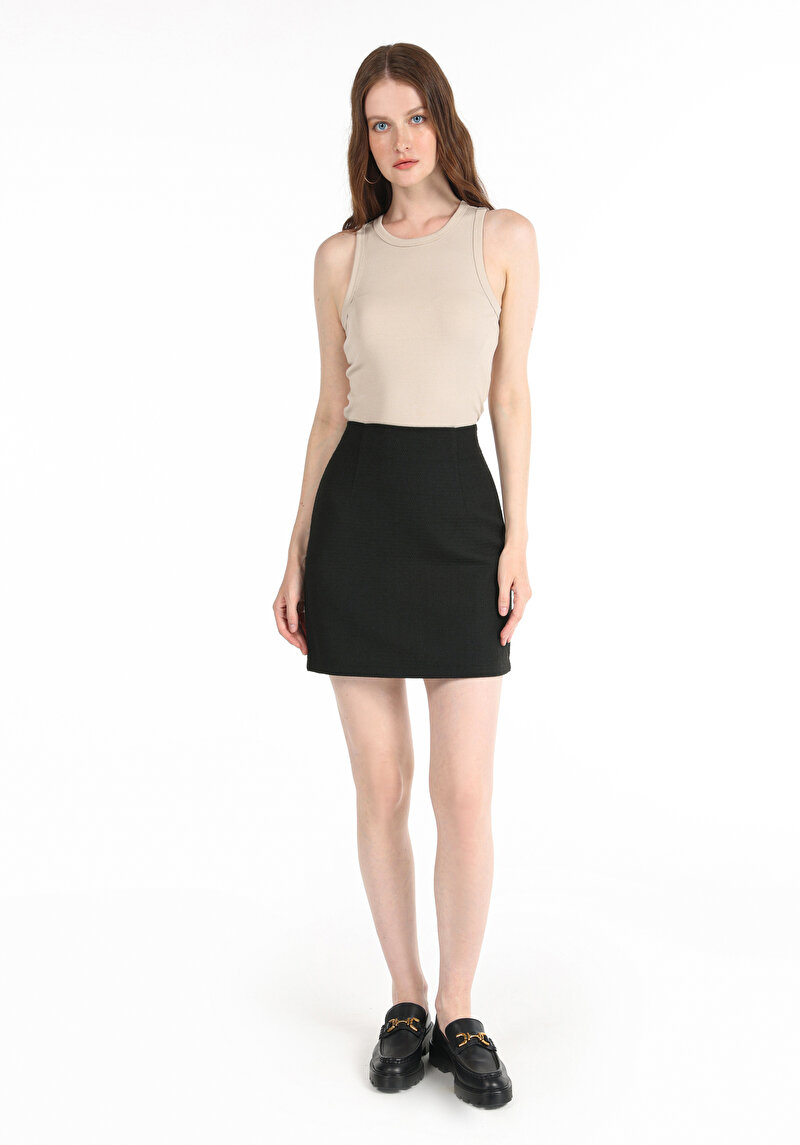 Mini Skirt Düz Fermuarlı Kadın Astarsız Siyah Etek