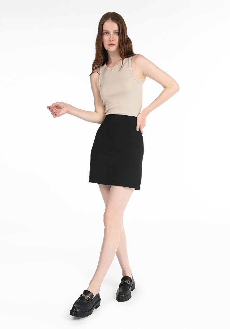 Mini Skirt Düz Fermuarlı Kadın Astarsız Siyah Etek
