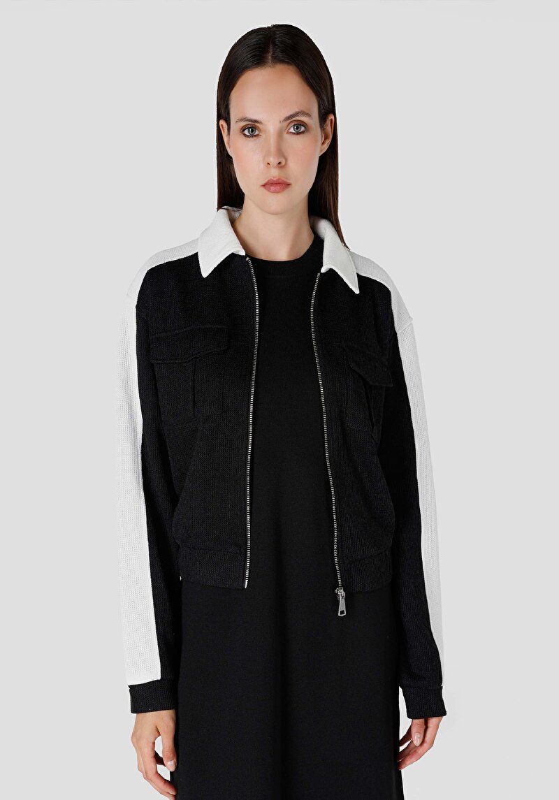 Regular Fit Fermuarlı Düz Kadın Siyah Sweatshirt