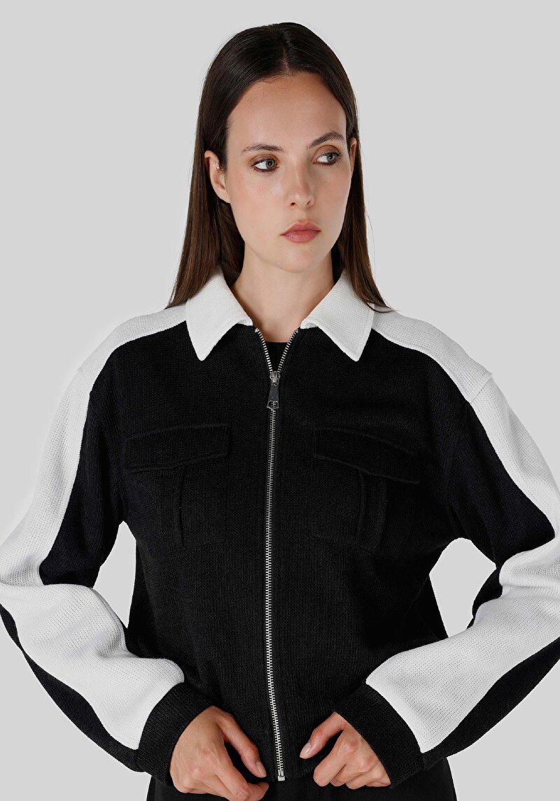 Regular Fit Fermuarlı Düz Kadın Siyah Sweatshirt