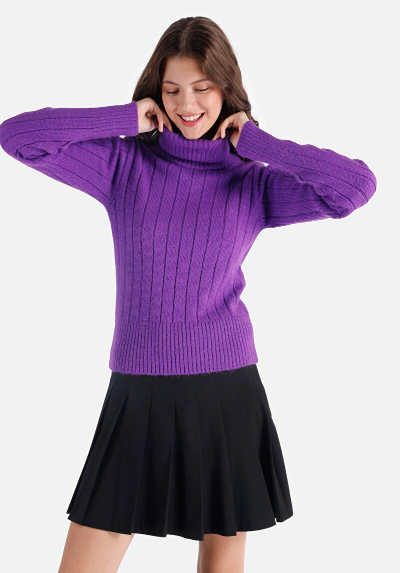 Slim Fit Turtle Neck Düz Kadın Mor Kazak