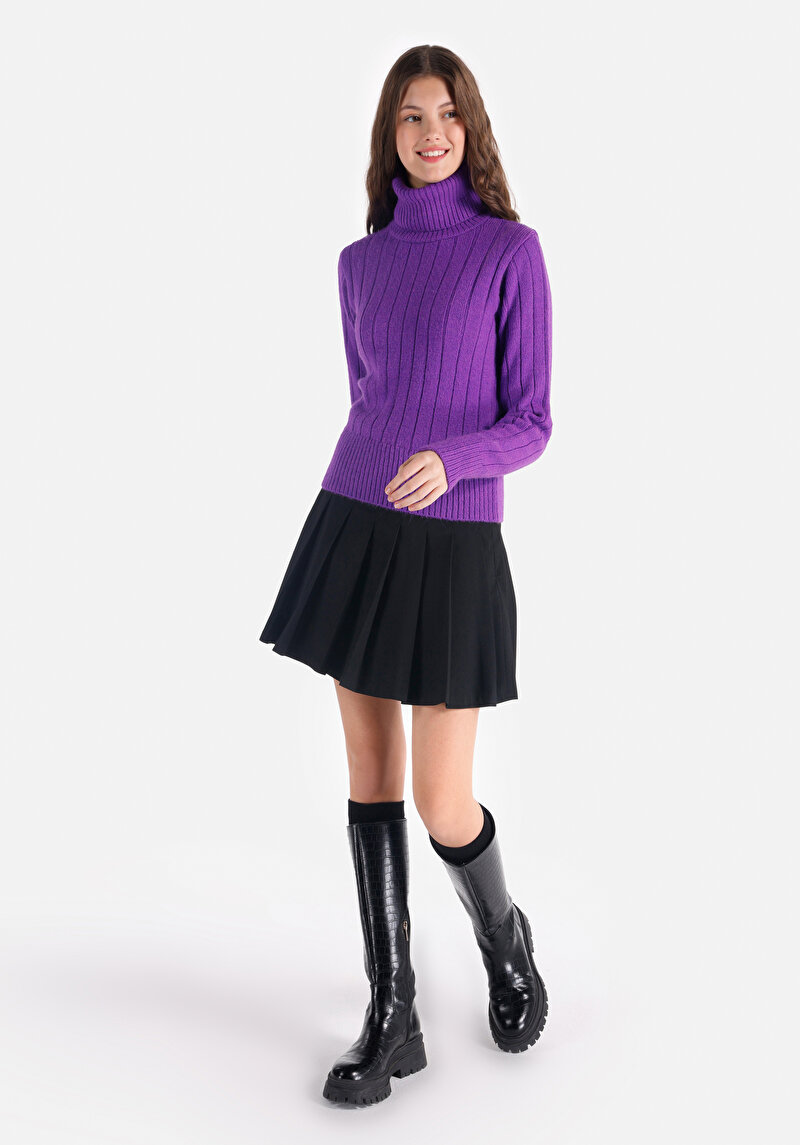 Slim Fit Turtle Neck Düz Kadın Mor Kazak