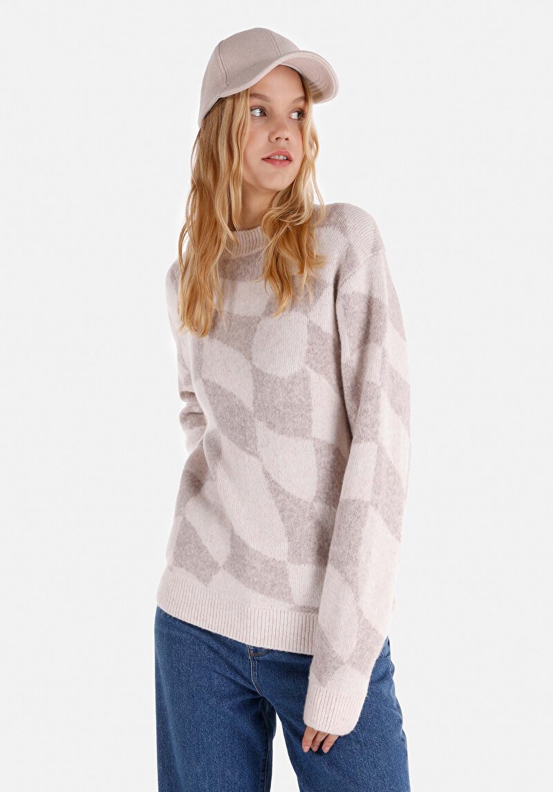 Slim Fit Yuvarlak Yaka Baskılı Kadın Beyaz Kazak