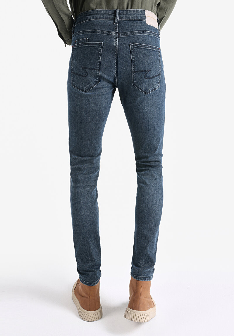 Slim Fit Düşük Bel Dar Paça Erkek Koyu İndigo Jean Pantolon