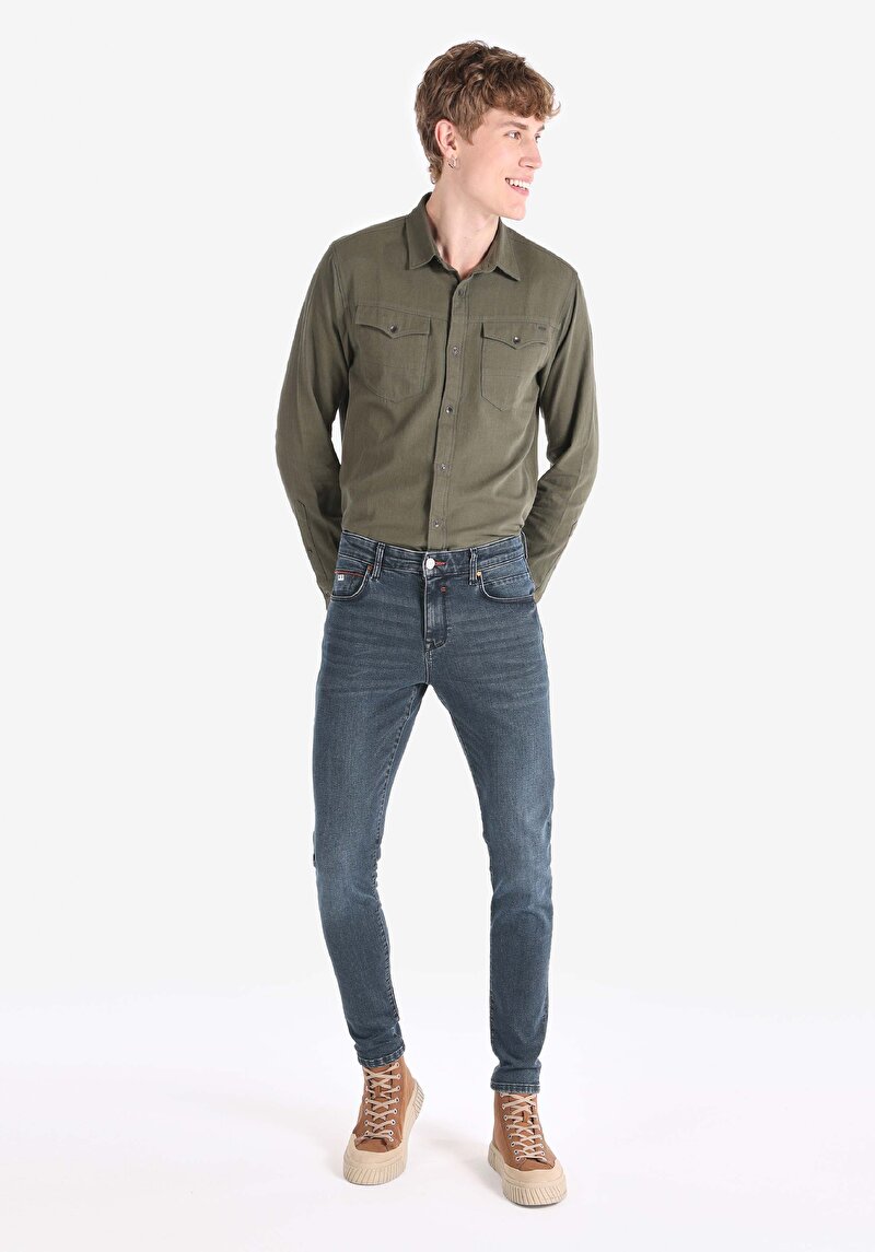Slim Fit Düşük Bel Dar Paça Erkek Koyu İndigo Jean Pantolon