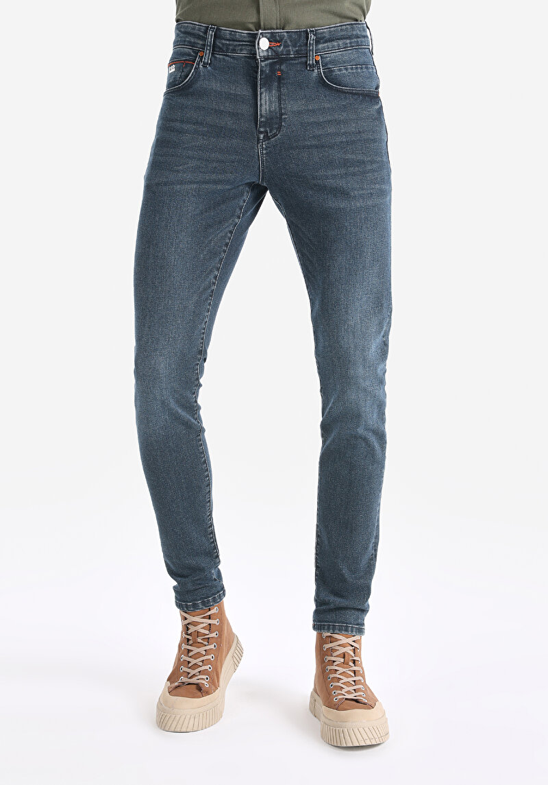 Slim Fit Düşük Bel Dar Paça Erkek Koyu İndigo Jean Pantolon