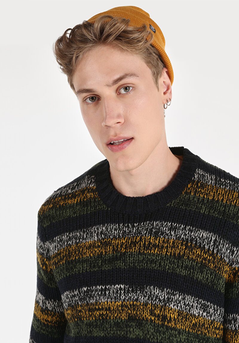 Regular Fit Yuvarlak Yaka Jakarlı Erkek Çok Renkli Kazak