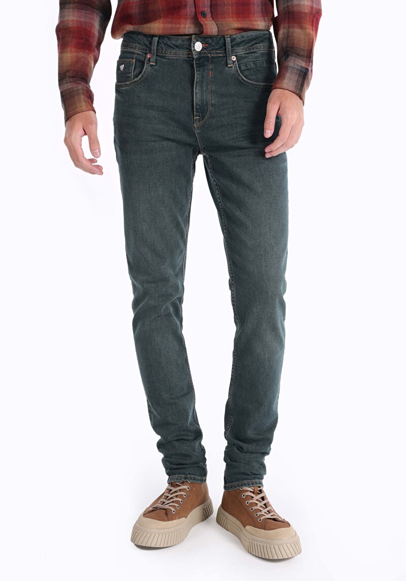 Straight Fit Düşük Bel Düz Paça Erkek Yeşil Jean Denim Pantolon