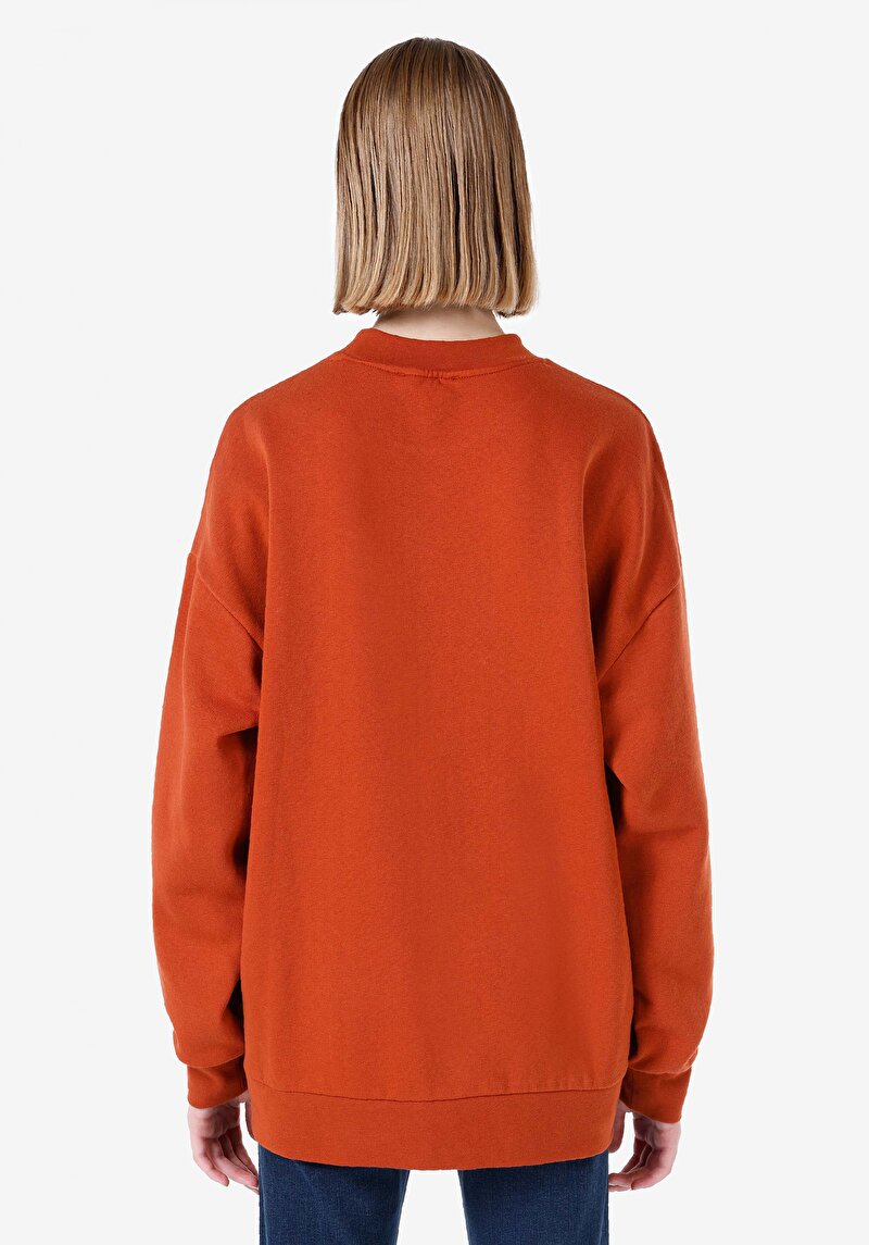 Comfort Fit Yuvarlak Yaka Nakışlı Kadın Kahverengi Sweatshirt