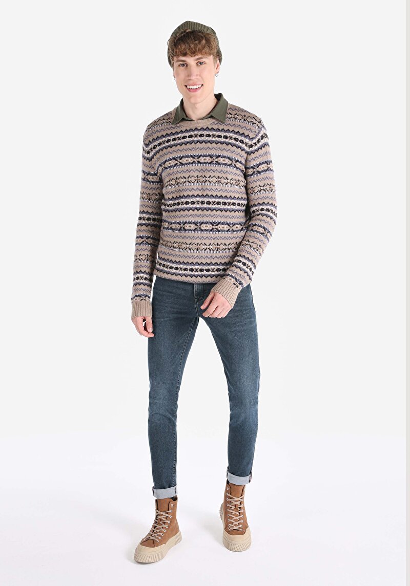 Regular Fit Yuvarlak Yaka Jakarlı Erkek Gri Desen Baskılı Kazak