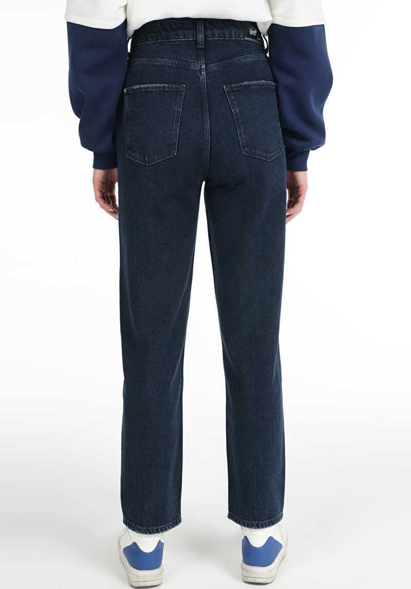 Straight Fit Yüksek Bel Düz Paça Kadın Koyu İndigo Jean Pantolon