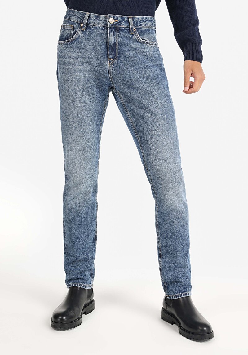 Straight Fit Düşük Bel Düz Paça Erkek İndigo Jean Pantolon