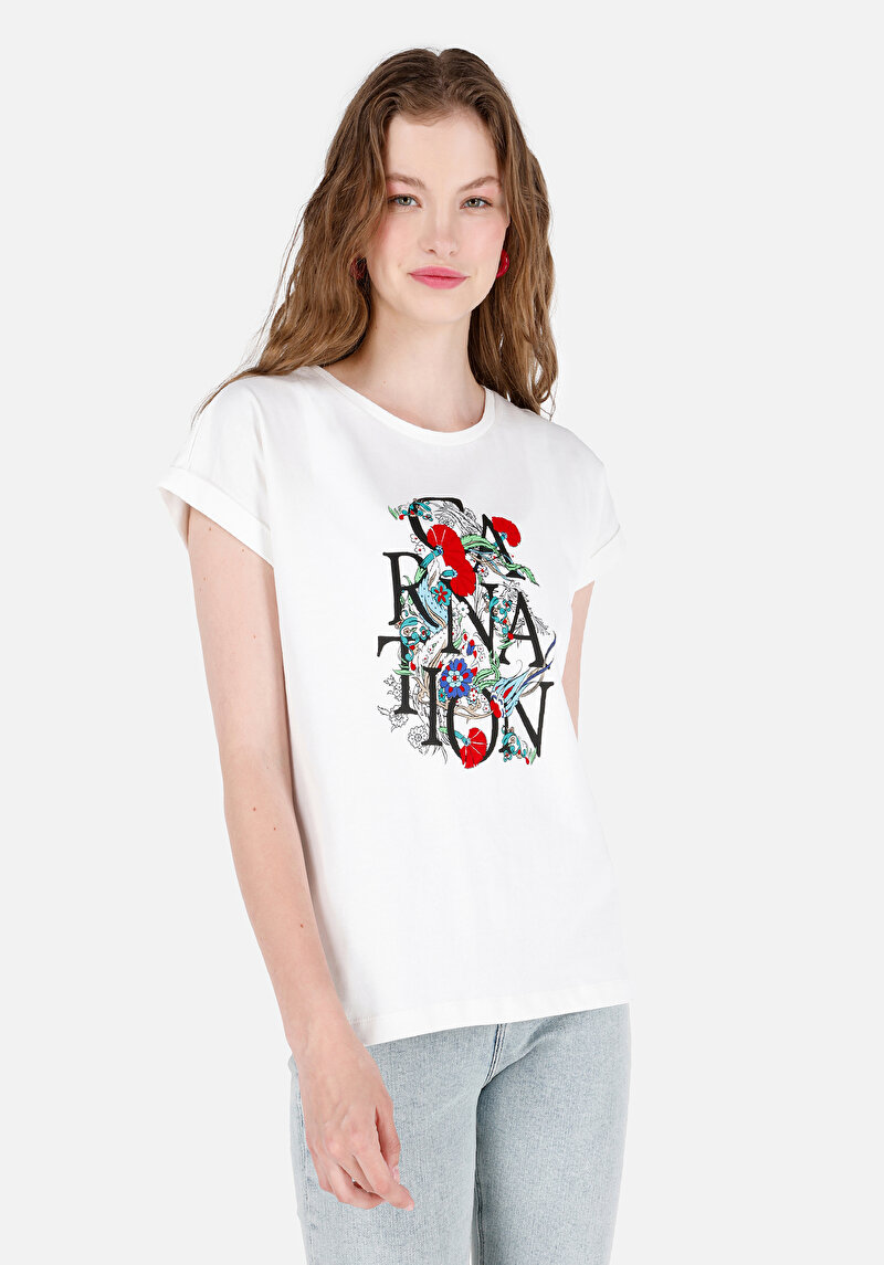 Regular Fit Yuvarlak Yaka Baskılı Kadın Beyaz Kısa Kol Tişört