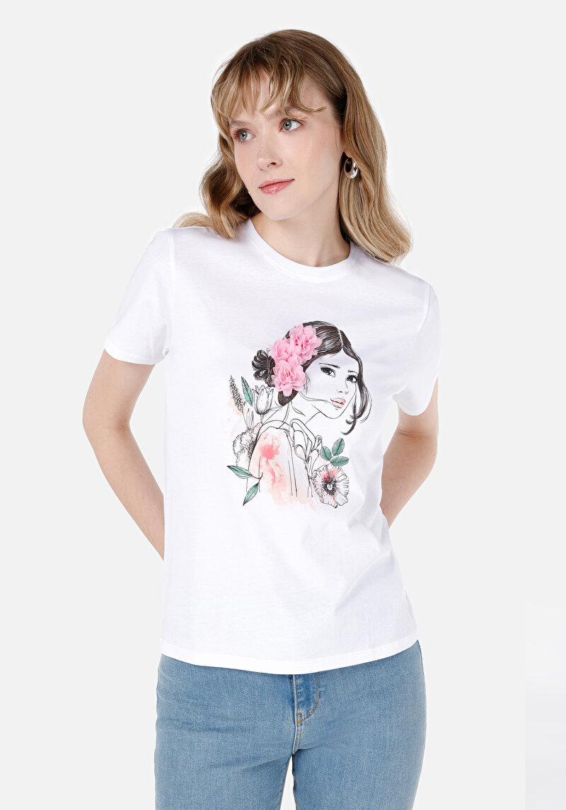 Regular Fit Yuvarlak Yaka Baskılı Kadın Beyaz Kısa Kol Tişört