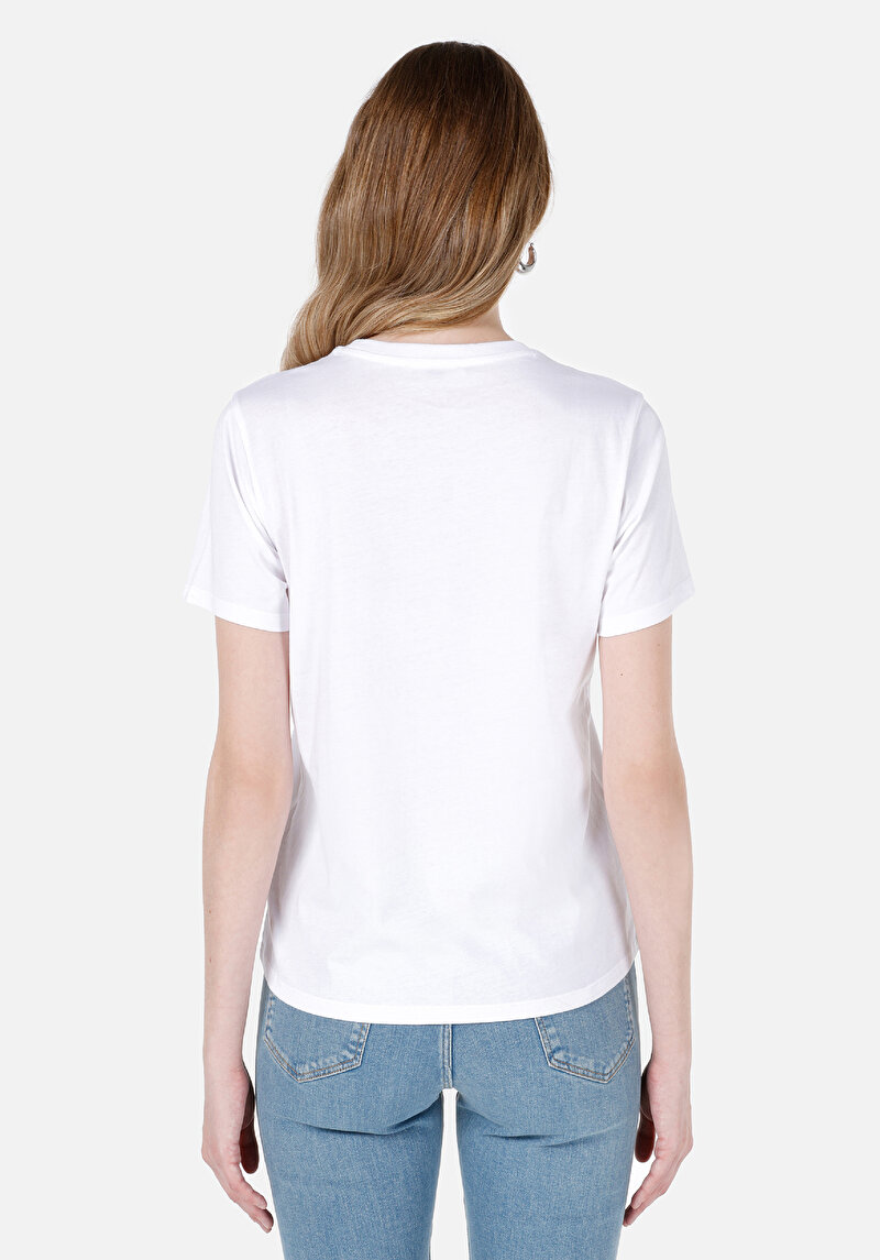 Regular Fit Yuvarlak Yaka Baskılı Kadın Beyaz Kısa Kol Tişört