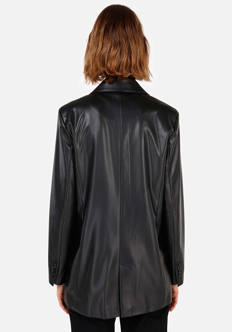 Regular Fit V Yaka Kadın Siyah Mont Pu