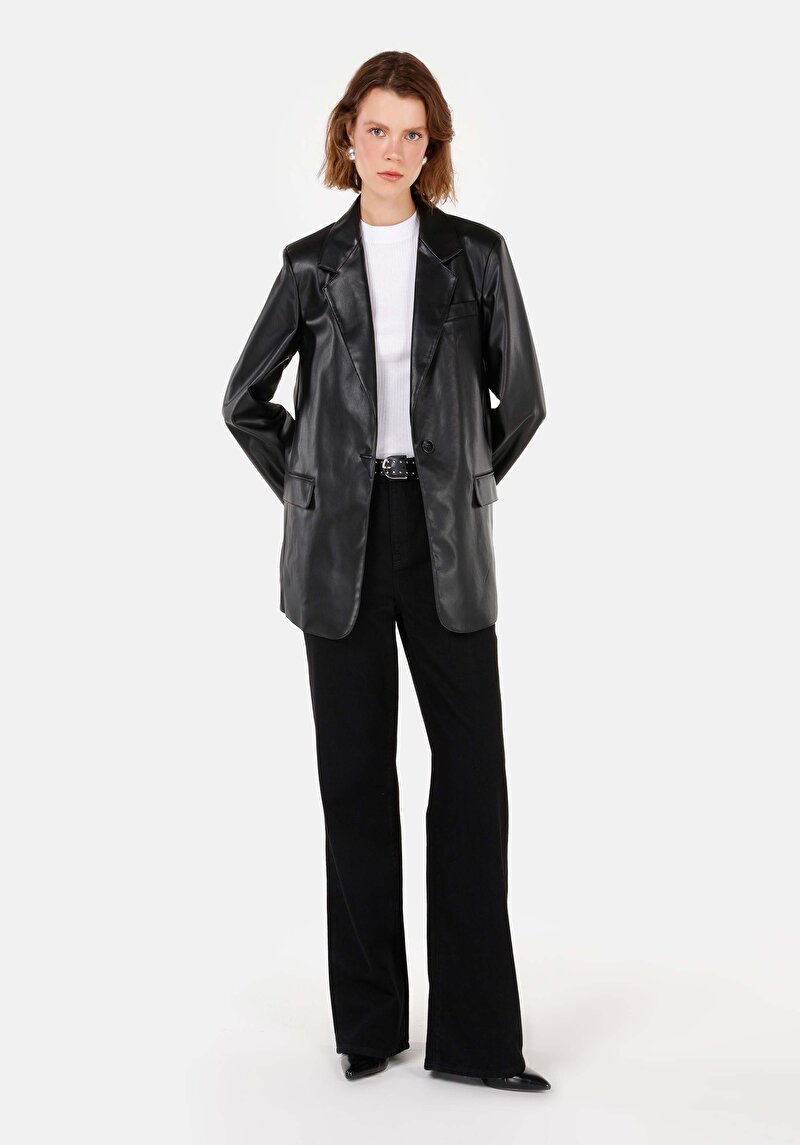 Regular Fit V Yaka Kadın Siyah Mont Pu