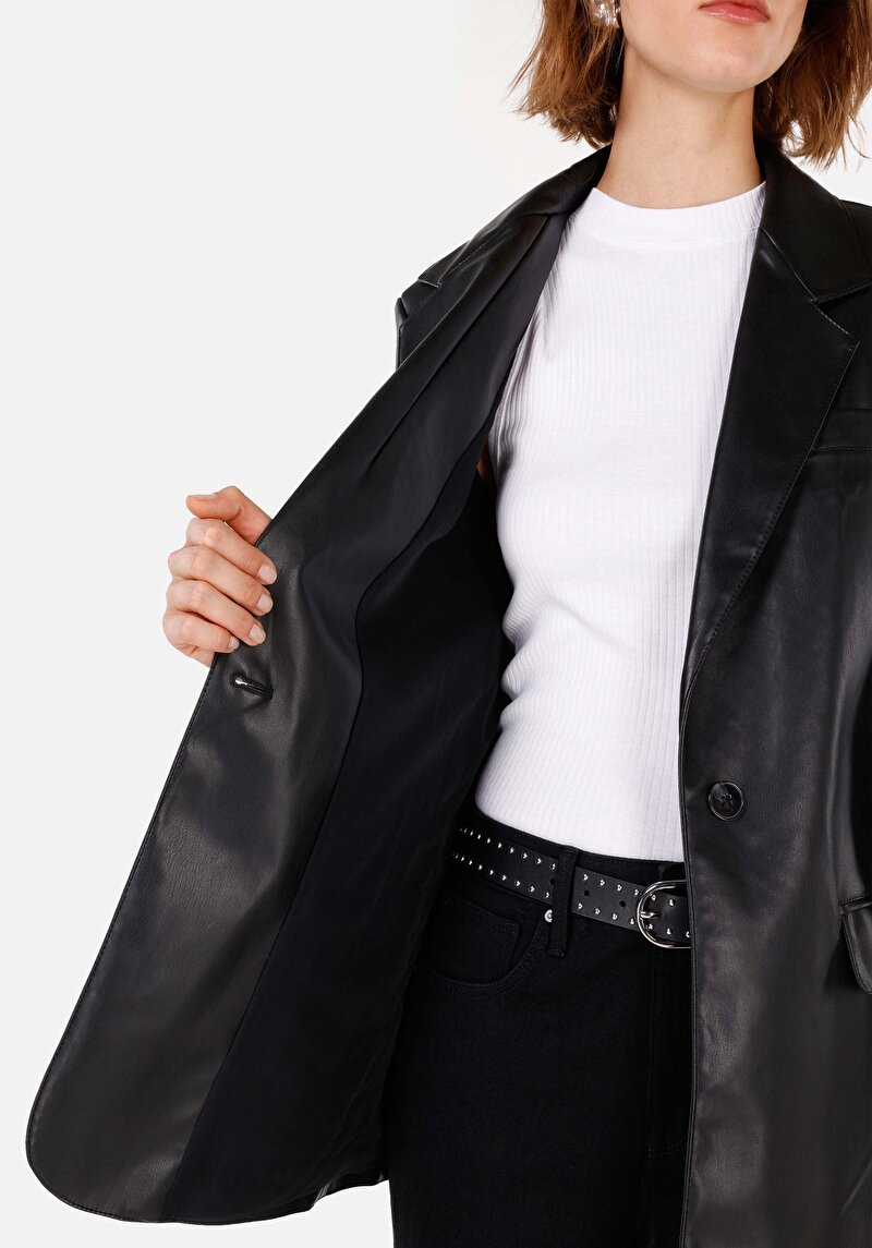 Regular Fit V Yaka    Kadın Siyah Mont Pu