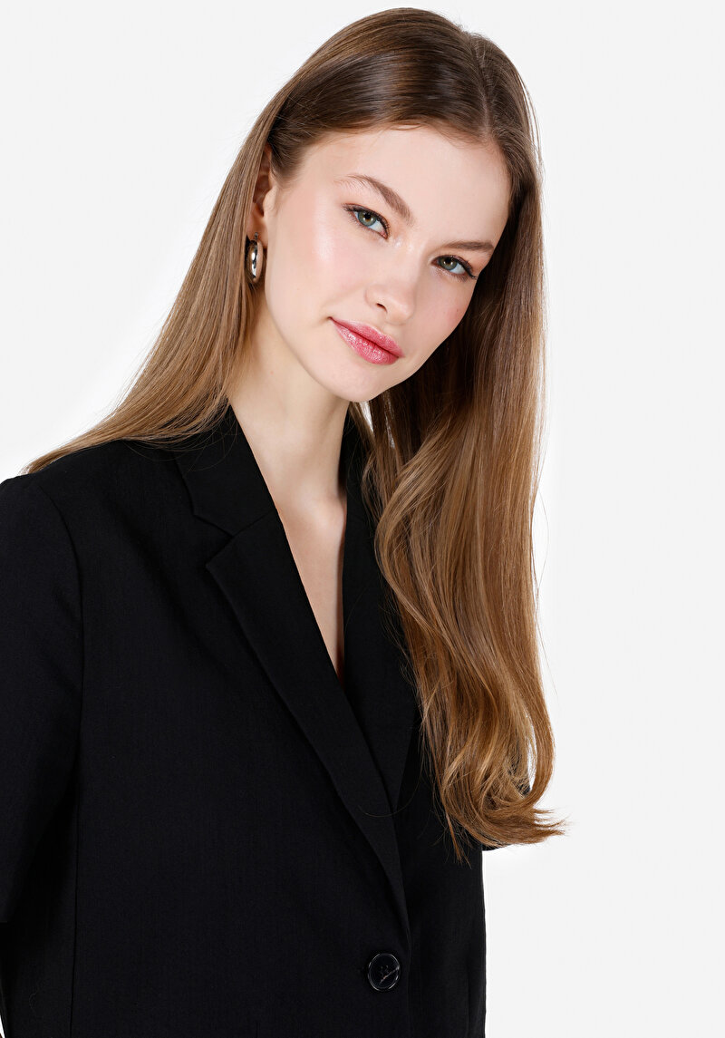 Regular Fit Düğmeli Astarsız Kadın Siyah Ceket