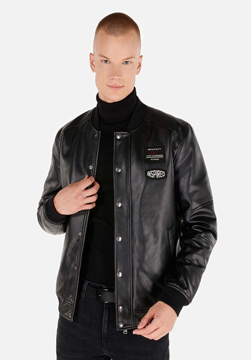 Slim Fit Çıt Çıtlı Erkek Siyah Mont Pu